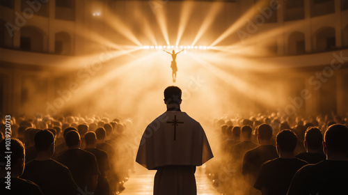 A Catholic priest, surrounded by altar servers, holds the monstrance high during Mass in Kansas City, with the faithful kneeling in deep prayer, invoking the presence of Jesus in t photo