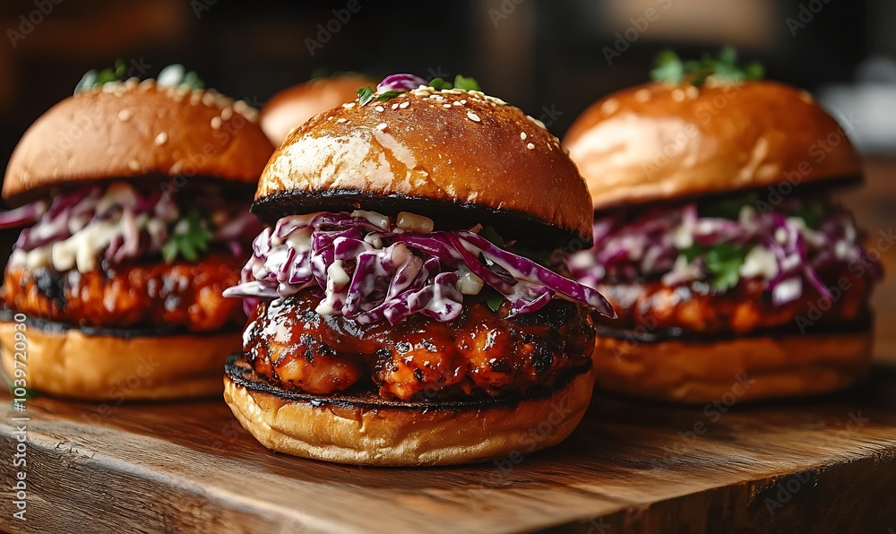 Close-up BBQ Jackfruit Sliders with Coleslaw on Wooden Board, Vegan Comfort Food, Plant-Based Burger, Healthy Street Food, Generative Ai Close-up BBQ Jackfruit Sliders with Coleslaw on Wooden Board, Vegan Comfort Food, Plant-Based Burger, Healthy Street Food, Generative Ai