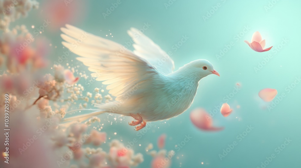 graceful bird with feathers resembling soft, pastel petals that glow faintly in the sky. graceful bird with feathers resembling soft, pastel petals that glow faintly in the sky.