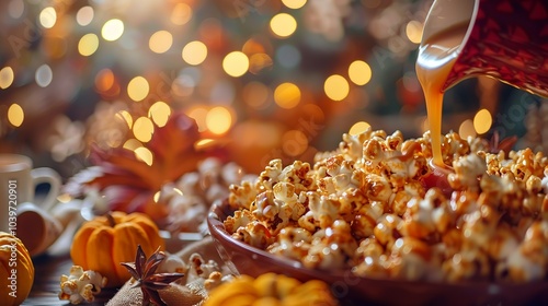 Homemade caramel being poured over popcorn, surrounded by festive fall decor... photo