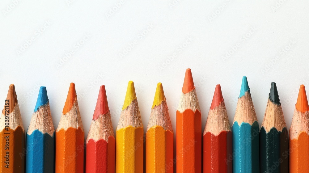 Row of colorful sharpened pencils aligned against a white background Generative AI Row of colorful sharpened pencils aligned against a white background Generative AI