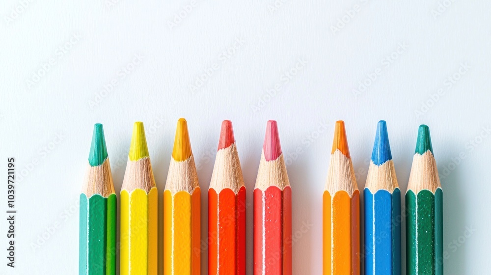 Row of colorful sharpened pencils aligned against a white background Generative AI Row of colorful sharpened pencils aligned against a white background Generative AI