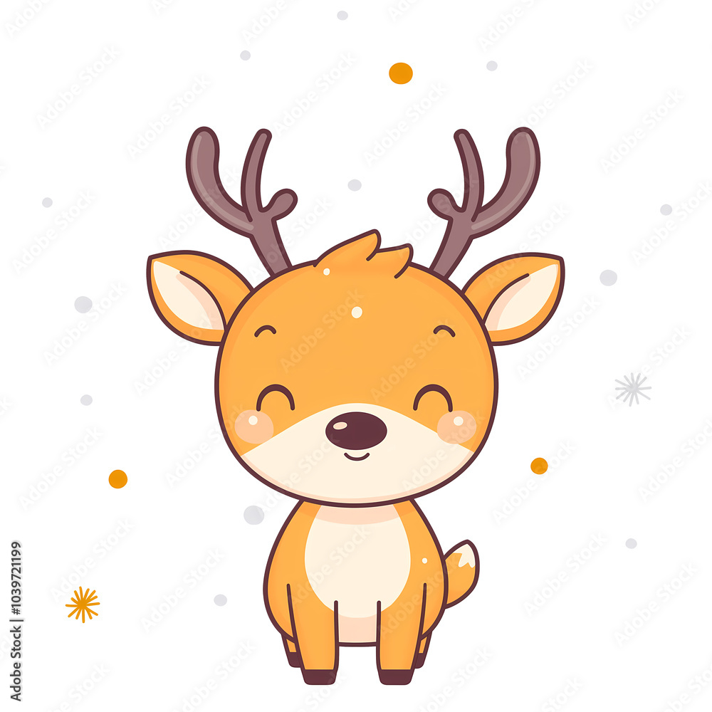 Adorable cartoon reindeer with antlers, smiling on a transparent background with snowflakes Adorable cartoon reindeer with antlers, smiling on a transparent background with snowflakes