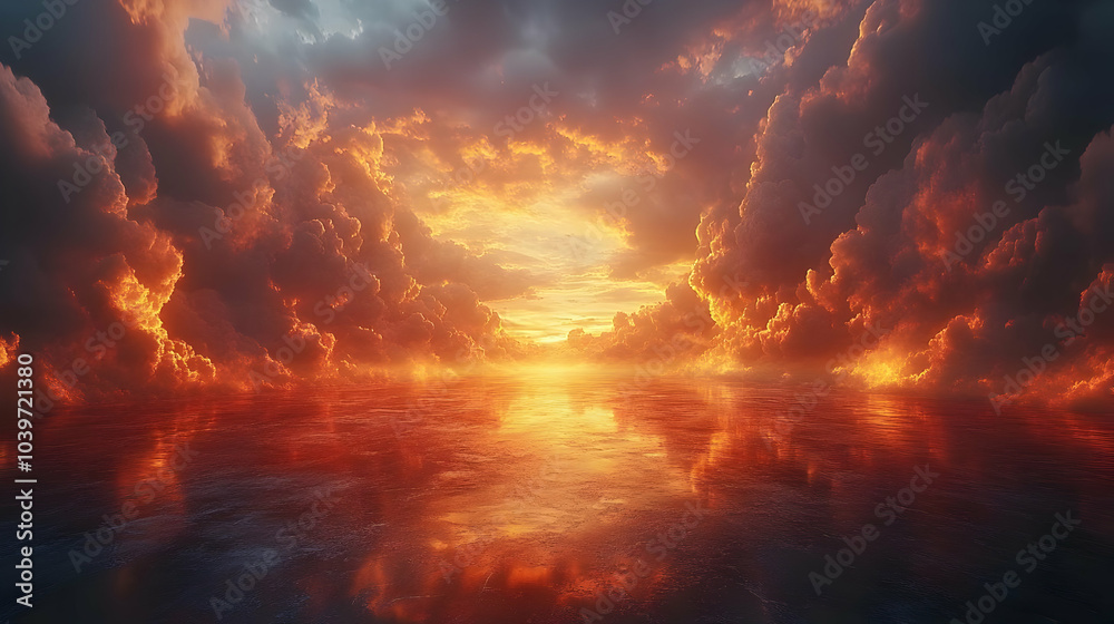 Fiery Sunset Cloudscape Above a Still Water Reflection - Illustration Fiery Sunset Cloudscape Above a Still Water Reflection - Illustration