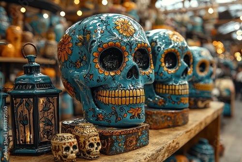 Decorative sugar skull ceramics with intricate floral designs displayed on wooden shelves in a vibrant store setting Generative AI