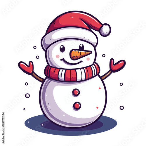 Smiling snowman with a carrot nose, wearing a santa hat and scarf, isolated on a transparent background