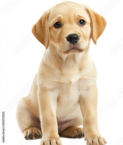 Adorable yellow Labrador Retriever puppy sitting on white background Generative AI