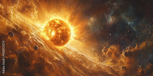 Fiery sun emitting solar flares in deep space, surrounded by glowing plasma and cosmic stars in a vast dark universe Generative AI photo