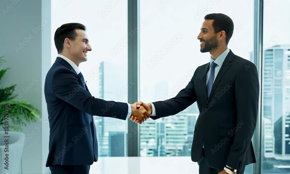 Two professionals shaking hands in a modern office with a city view, showcasing collaboration and partnership. Two professionals shaking hands in a modern office with a city view, showcasing collaboration and partnership.