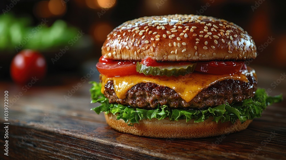Cheeseburger with lettuce, tomato, and cheddar on a sesame seed bun closeup Generative AI