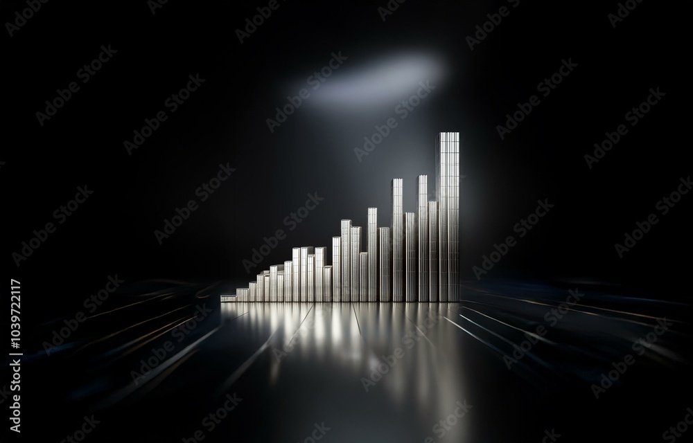 A silver bar graph ascends against a black background with soft light illuminating the bars. A silver bar graph ascends against a black background with soft light illuminating the bars.