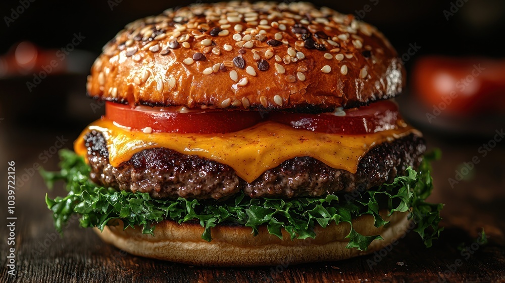 Cheeseburger with lettuce, tomato, and cheddar on a sesame seed bun closeup Generative AI Cheeseburger with lettuce, tomato, and cheddar on a sesame seed bun closeup Generative AI