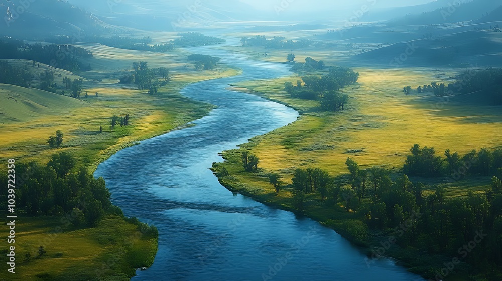 Obraz premium A winding river flows through a lush green valley, surrounded by hills and mist in the early morning.