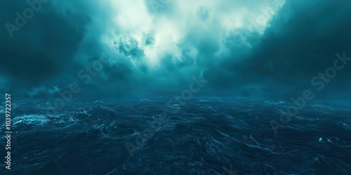 A vast ocean with stormy clouds in the sky