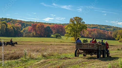 People enjoying a hayride under a clear blue sky, surrounded by fields and... photo