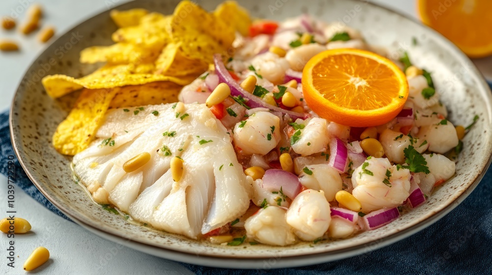 A plate of ceviche with fresh fish, shrimp, onions, cilantro, and a slice of orange. A plate of ceviche with fresh fish, shrimp, onions, cilantro, and a slice of orange.