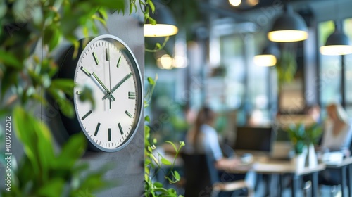 Efficient work time management in a green, lush office environment. Productivity in business.