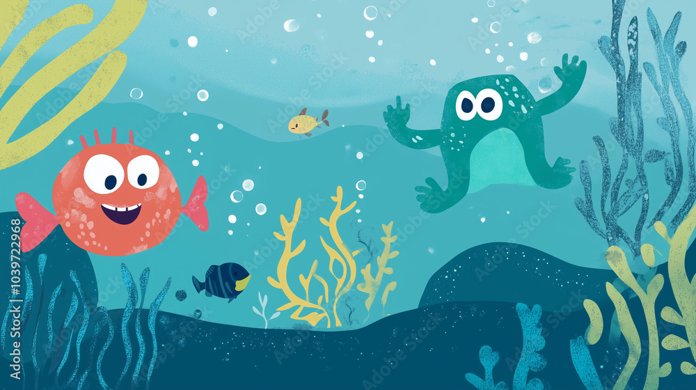 Cute Cartoon Fish and Frog Playing in a Colorful Underwater Environment with Bubbles and Sea Plants Cute Cartoon Fish and Frog Playing in a Colorful Underwater Environment with Bubbles and Sea Plants