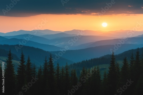 Sunset over mountain range with dark clouds and forested hills Generative AI