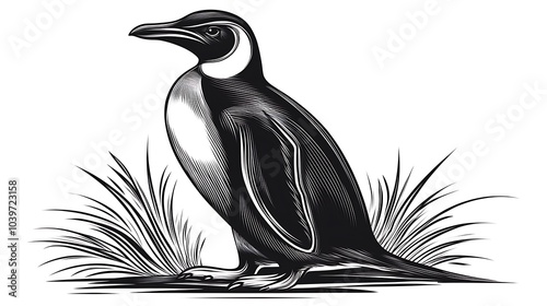 Elegant minimalist sketch of a penguin standing upright, drawn with soft, simple curves on a clean white background, capturing the bird’s calm and poised stance, hd quality, smooth strokes,