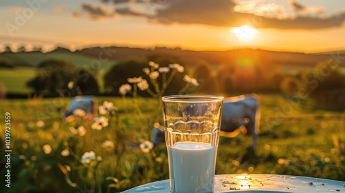 A fresh, nonhomogenized glass of milk prominently displaying a rich, creamy top layer, indicative of highquality, ecofriendly dairy farming practices. photo