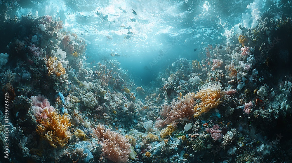 Naklejka premium A vibrant coral reef teeming with life under the surface of the ocean.