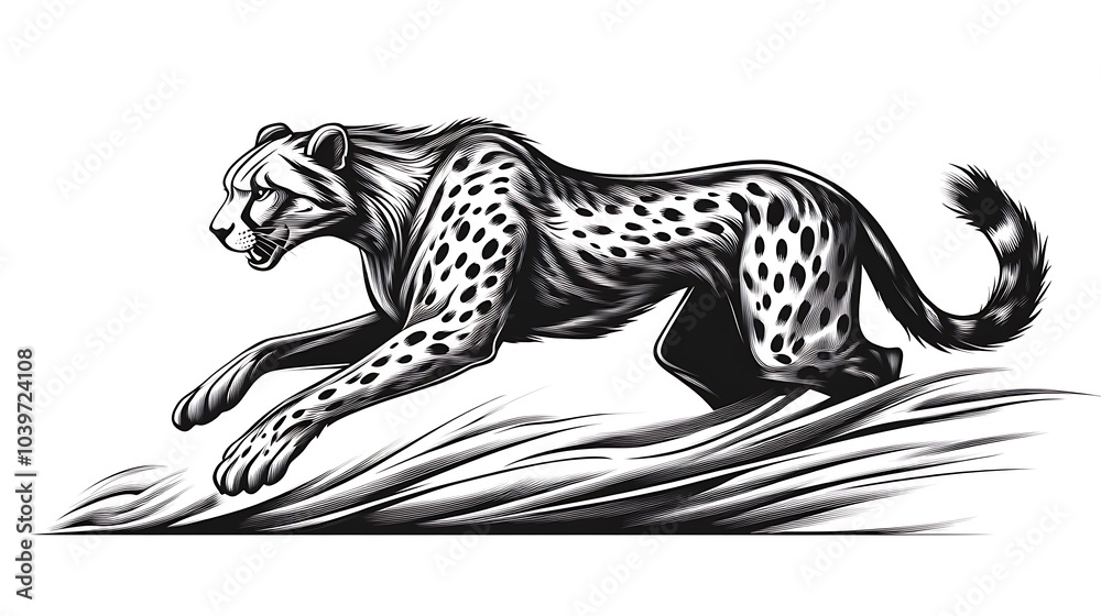 Elegant minimalist sketch of a running cheetah, its body in mid-sprint, minimalist style on a white background, flowing linework capturing speed and power, hd quality, natural look, smooth strokes. Elegant minimalist sketch of a running cheetah, its body in mid-sprint, minimalist style on a white background, flowing linework capturing speed and power, hd quality, natural look, smooth strokes.