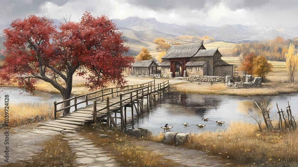 Fototapeta premium Tranquil Asian Village with Wooden Bridge and Red Tree