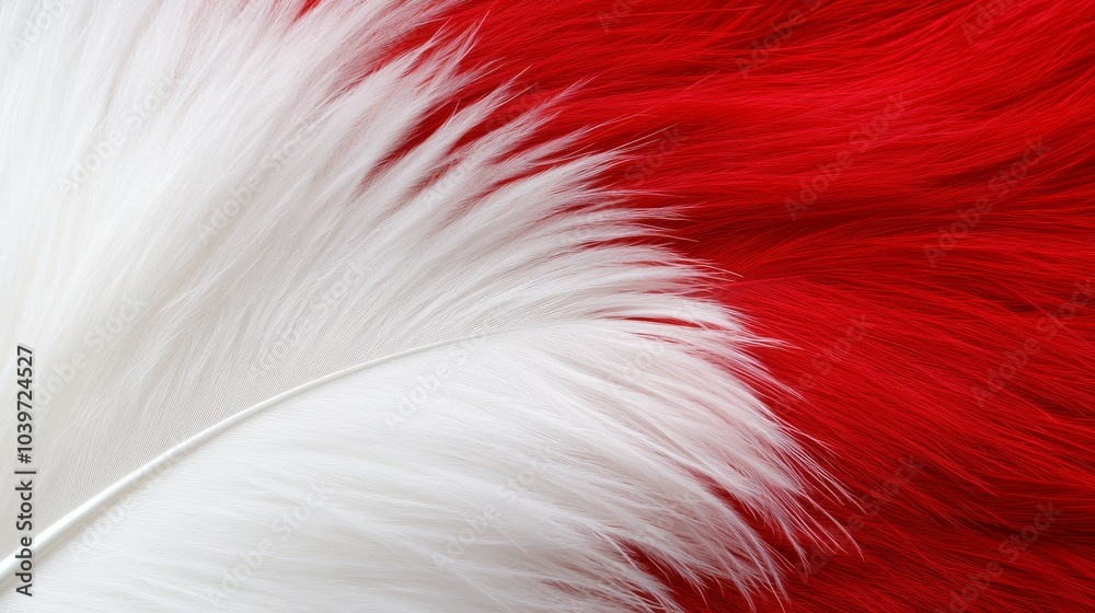Fototapeta premium A tight shot of a red-and-white backdrop featuring a feathery object in its center, accompanied by a single white feather in the image's heart