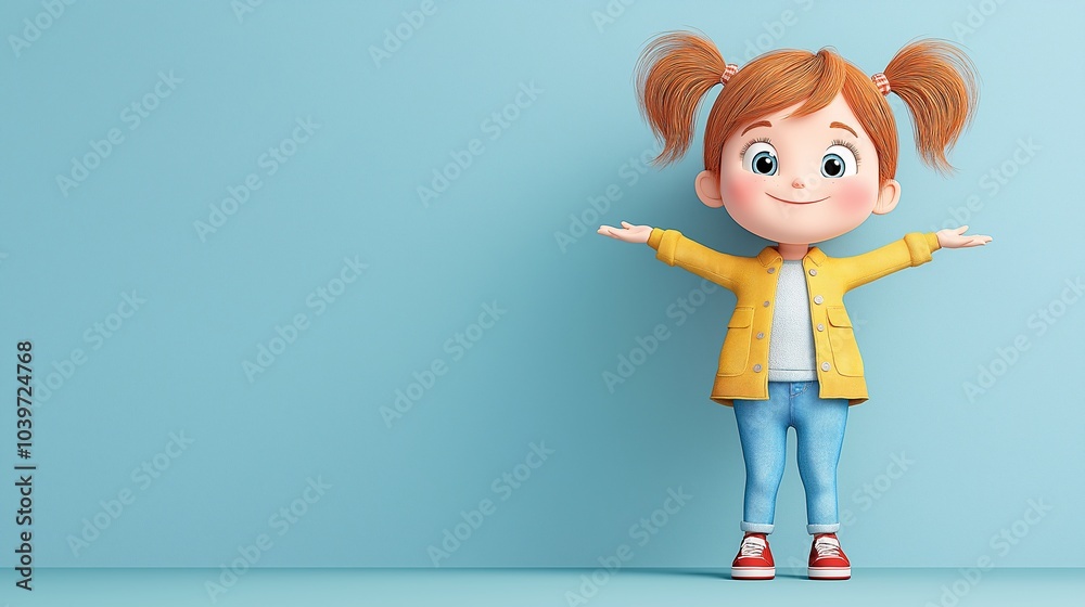 Cheerful Cartoon Girl: 3D Render of a Cute Girl in Yellow Jacket Cheerful Cartoon Girl: 3D Render of a Cute Girl in Yellow Jacket