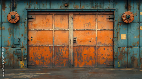 Rusty Metal Garage Door with Teal Wall Background