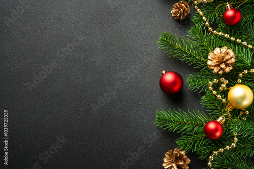 Christmas flat lay background with fir tree and holiday decorations on black.