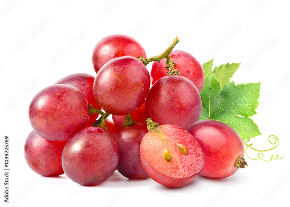 Red grape with cut in half isolated on white background. Red grape with cut in half isolated on white background.