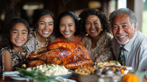 family gathered around a table filled with a roast turkey and traditional dishes