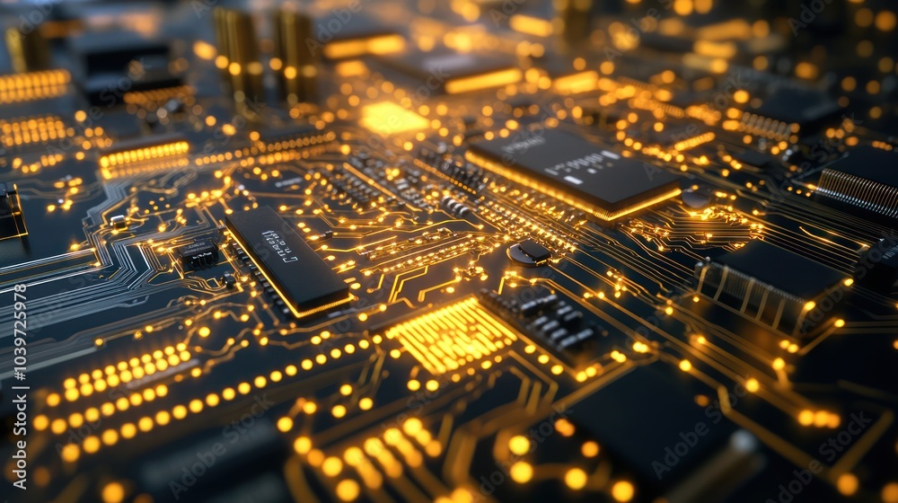 A close-up of a next-generation circuit board with intricate gold wiring and microchips glowing slightly under laboratory lights A close-up of a next-generation circuit board with intricate gold wiring and microchips glowing slightly under laboratory lights