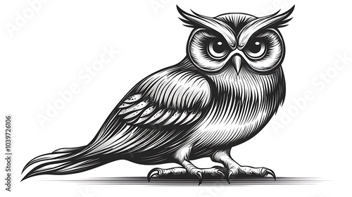 Elegant minimalist sketch of a seated owl with wide round eyes, minimalist style on a white background, flowing linework capturing the bird's calm and composed presence, hd quality, natural look,