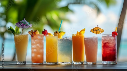 A row of six colorful cocktails with various garnishes, including fruit, mint leaves, and paper umbrellas, on a wooden counter with a blurry tropical beach background.