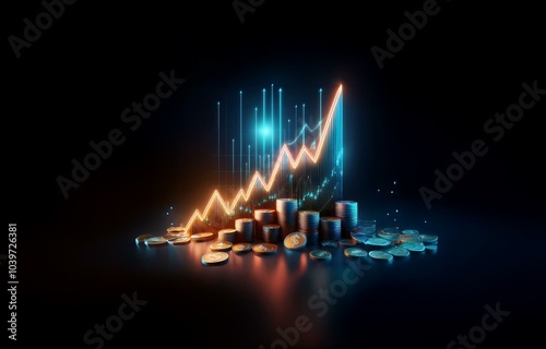 Wallpaper Mural A glowing orange line graph rising upwards amidst a dark blue background, stacks of gold coins below. Torontodigital.ca