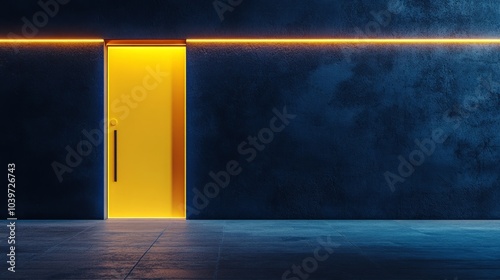 aesthetic modern minimalist yellow door on modern-abstract dark blue wall photo