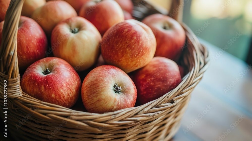 Close up of a wicker basket overflowing with freshly picked ripe red and green apples in a warm natural autumn light The rustic earthy tones and textures create a cozy welcoming feel Close up of a wicker basket overflowing with freshly picked ripe red and green apples in a warm natural autumn light The rustic earthy tones and textures create a cozy welcoming feel