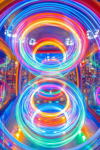 Mesmerizing light trails in futuristic night landscapes with vibrant energy flows, neon cityscapes, and abstract motion paths creating dynamic visuals for creative designs. photo