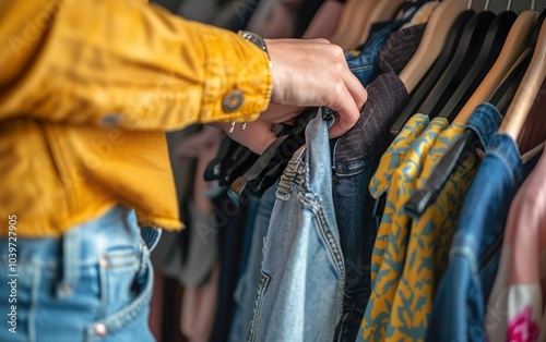 Closeup of a person taking second hand clothes from hanger. Vintage garments at volunteer service. Sustainability, circular economy, zero waste, thrift concept. Clothing donation poster. AI Generative
