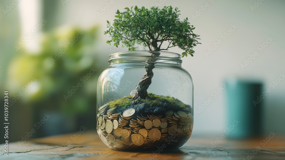 A small bonsai tree grows from a glass jar filled with coins, symbolizing financial growth and prosperity. A small bonsai tree grows from a glass jar filled with coins, symbolizing financial growth and prosperity.