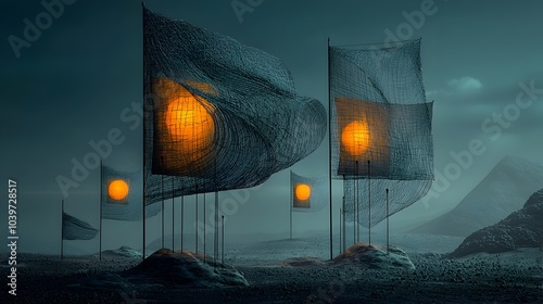 Glowing mesh outlines gracefully encircling fluttering prayer flags creating a captivating and ethereal scene amidst the natural wind currents  The interplay of light fabric