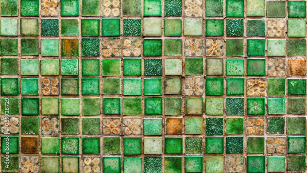 mesmerizing mosaic wall composed of countless green tiles, each with its own unique pattern and texture, creating a visually stunning tapestry. mesmerizing mosaic wall composed of countless green tiles, each with its own unique pattern and texture, creating a visually stunning tapestry.