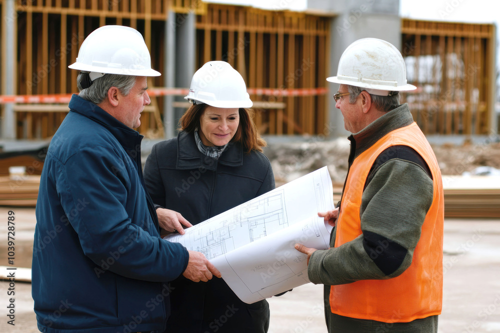 Three construction workers with white helmets discuss blueprints at a construction site, reviewing plans for building development. Three construction workers with white helmets discuss blueprints at a construction site, reviewing plans for building development.