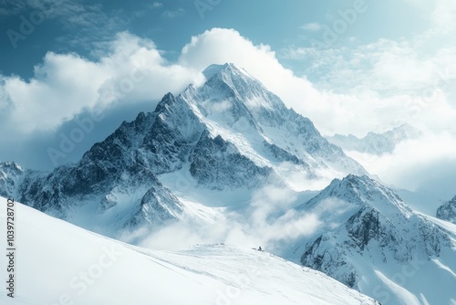 Snow-covered mountain peak surrounded by clouds in a serene alpine landscape