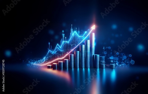 A glowing blue line chart with an orange arrow rising above stacks of silver coins on a dark blue background.
