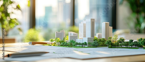 Fototapeta Naklejka Na Ścianę i Meble -  Explore a detailed view of an urban planner's workspace showcasing blueprints and models focused on sustainable city development and green infrastructure solutions.