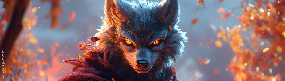 Naklejka premium A Realistic 3D Wolf with Fiery Eyes Gazing Intensely, Surrounded by Falling Autumn Leaves in a Digital Painting
